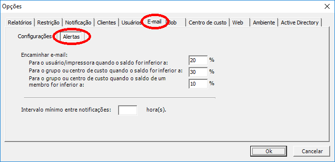 Definição de alerta por e-mail quando o saldo de impressão for inferior a 20, 10 e 5% da quota