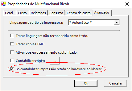 Destaque da configuração &lsquo;Só contabilizar impressão retida no hardware ao liberar&rsquo;