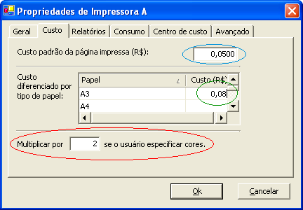 Janela de propriedades da impressora com a aba Custo selecionada e uma elipse vermelha demarcando a região onde pode-se especificar o multiplicador para impressões coloridas