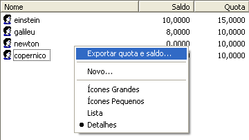 Exibição do menu de exportação de quotas e saldos.