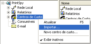 Destaque do menu &lsquo;Importar Centros de custo&rsquo;