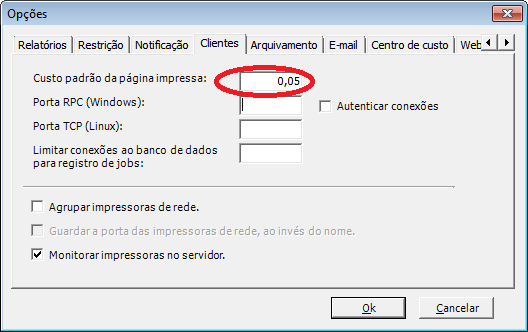 Definir custo página
