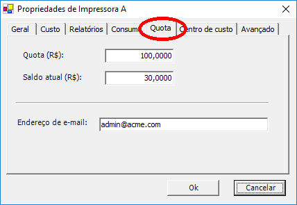 Propriedades da impressora, com a aba quota selecionada e a definição de valores de exemplo
