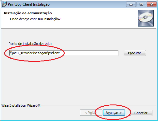 Informe a pasta de rede para criação da instalação. Ex: \\meuservidor\netlogon\psclient