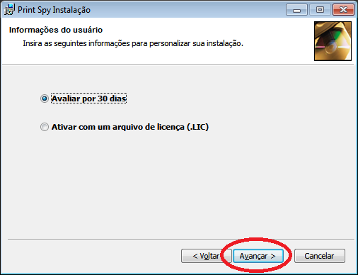Escolha entre Demonstração ou Arquivo de Licença