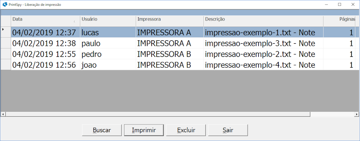 Janela exibindo impressões suspensas de vários usuários sendo possível efetivar a impressão ou excluir o trabalho.