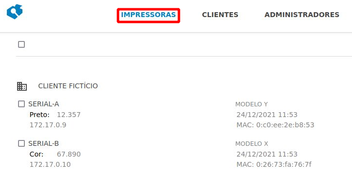 Lista de impressoras onde podemos ver o contador físico, o serial o MAC address o e o endereço IP