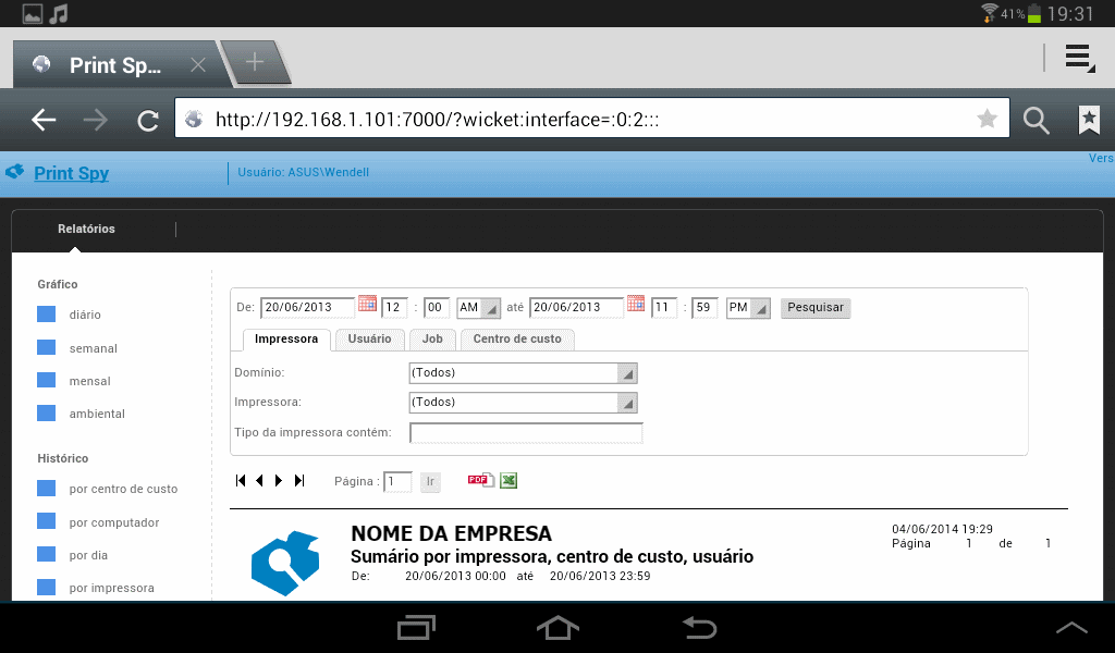 Relatório de impressão coletado a partir de um web browser em um tablet/celular