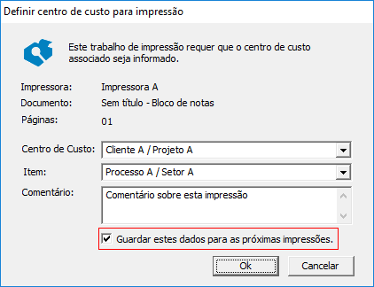 Interface ressaltando a possibilidade de re-utilizar o centro de custo ao informar no ato da impressão.