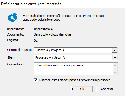Interface para o usuário selecionar o centro de custo (cliente, projeto, etc) no ato da impressão.
