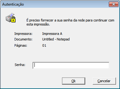 Campo para digitação da senha e dois botões com opção de enviar ou cancelar a impressão.