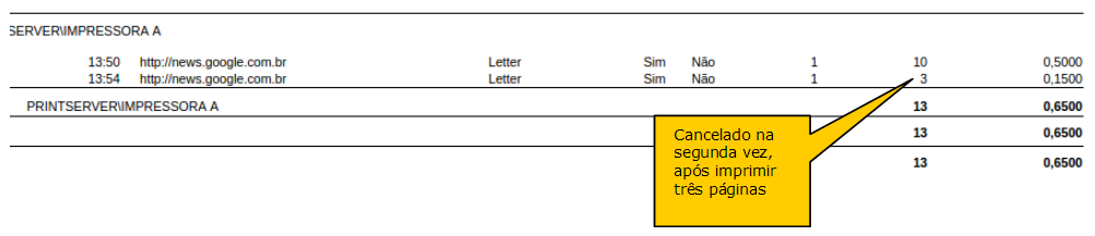 Exemplificação da redução do total contabilizado de páginas quando o documento é cancelado no equipamento após a impressão.