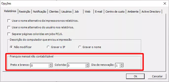 Interface onde é possível configurar uma franquia mensal de páginas preto e branco e coloridas e o dia de renovação