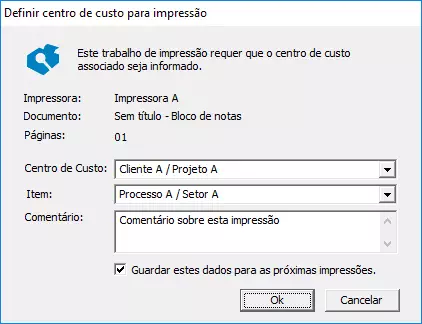 Janela onde é possível informar o centro de custo da impressão