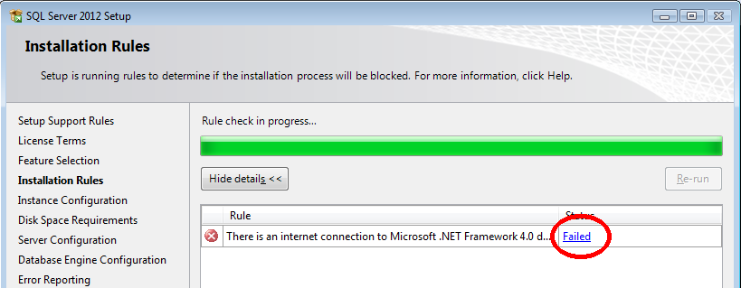 Pendência de instalação do SQL Server Express 2012: Falta de conexão à internet