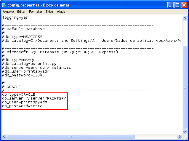 Parâmetros de conexão do PrintSpy Web com o Oracle