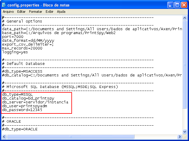 Parâmetros de conexão do PrintSpy Web com o SQL Server