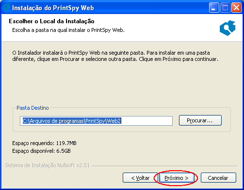 Local da instalação do PrintSpy Web