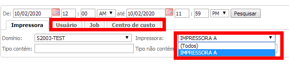 Seleção de filtro no PrintSpy Web