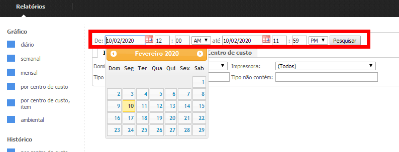 Seleção de período no PrintSpy Web