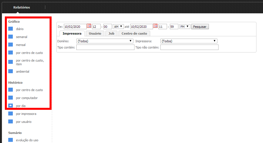 Seleção de relatório no PrintSpy Web