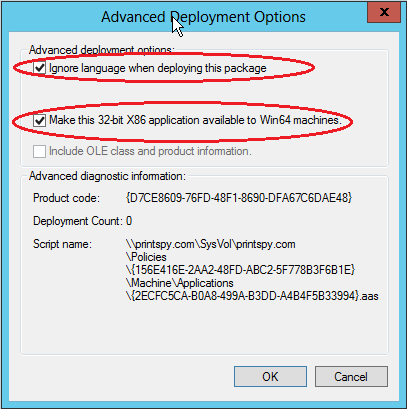 Janela de Opções de Distribuição Avançadas com as opções de ignorar linguagem e tornar disponível para 64 bits marcadas