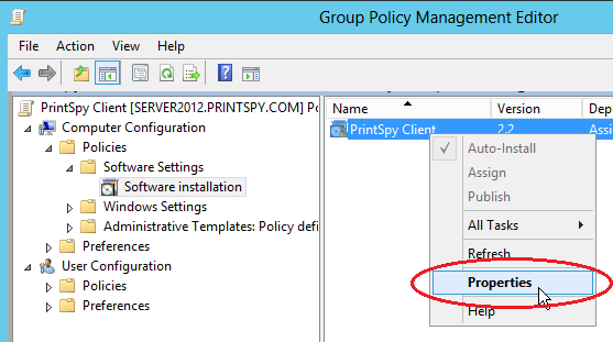 menu Propriedades da política de instalação