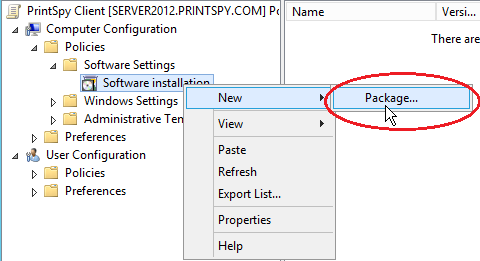 menu New GPO Installation Software Package